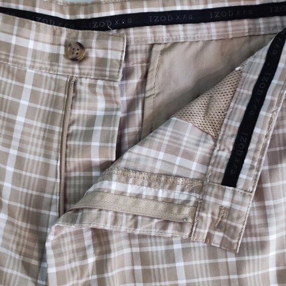 Izod X.F.G flat front Golf shorts light brown grey checkered men's size 36 - Picture 8 of 13
